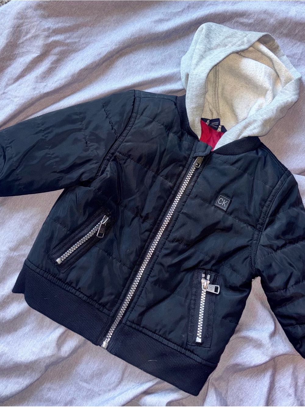 Calvin Klein Black Hooded Puffer Jacket with Gray Lined Hood for Toddlers
